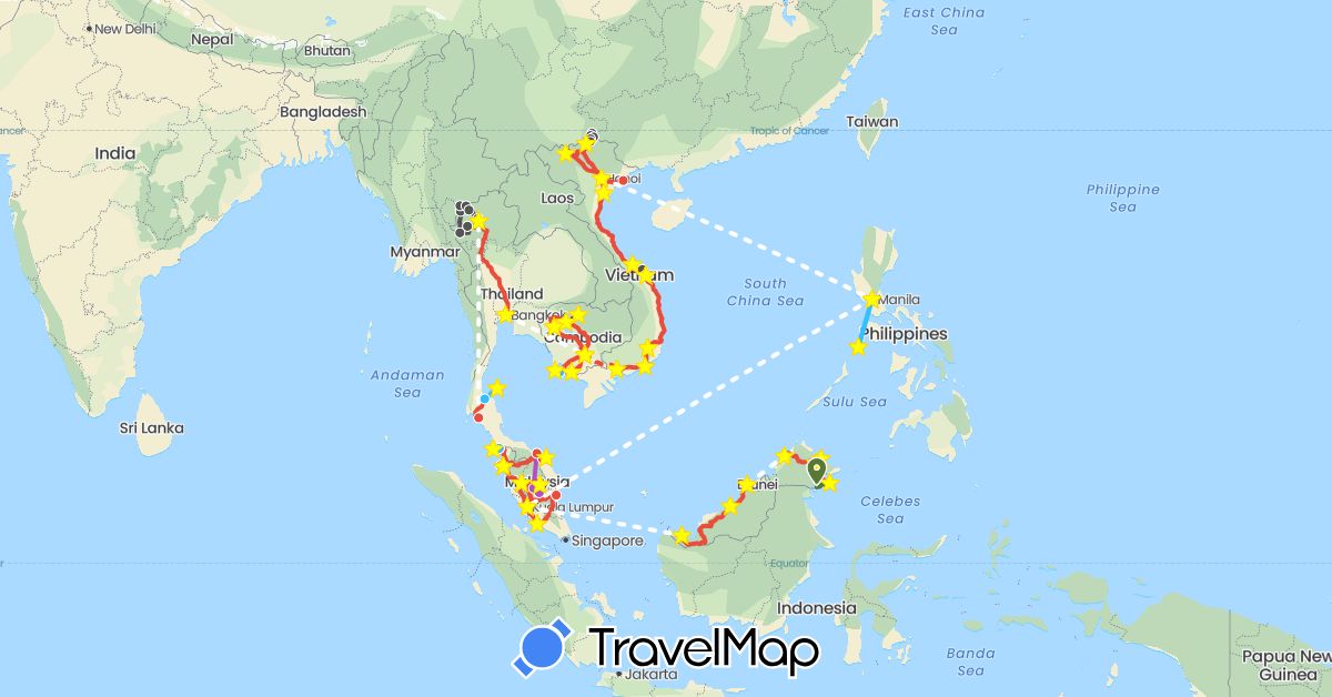 TravelMap itinerary: plane, train, boat, hitchhiking, motorbike, bus, plane, grab in Cambodia, Malaysia, Philippines, Thailand, Vietnam (Asia)